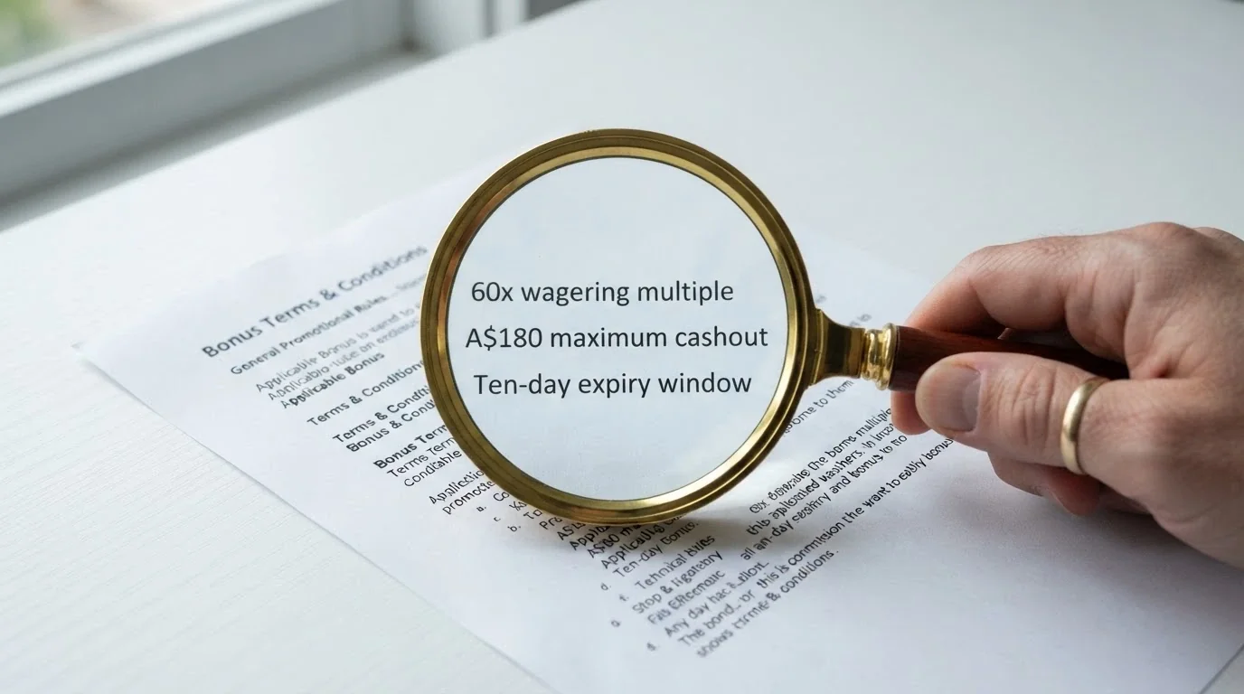 A magnifying glass over a bonus-terms popup highlighting the wagering multiple, max cashout figure and expiry date