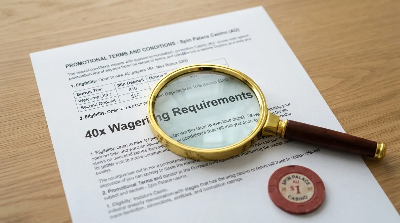Magnifying glass over casino bonus terms and conditions document with wagering multiplier highlighted