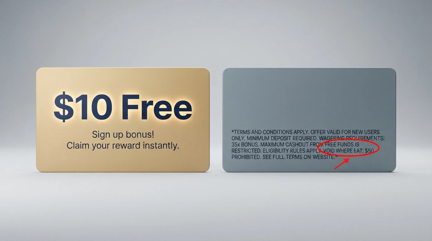 A split-frame comparison of two bonus offer cards — one showing the headline “$10 free, no deposit required” and the other showing the fine print with wagering multiples and cashout caps highlighted