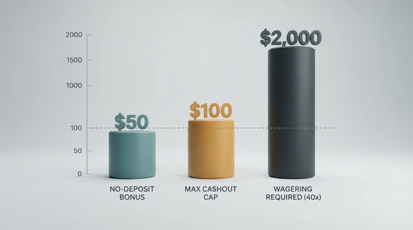 A bar chart showing a A$50 no-deposit bonus capped at A$100 max cashout, with the wagering turnover dwarfing both figures