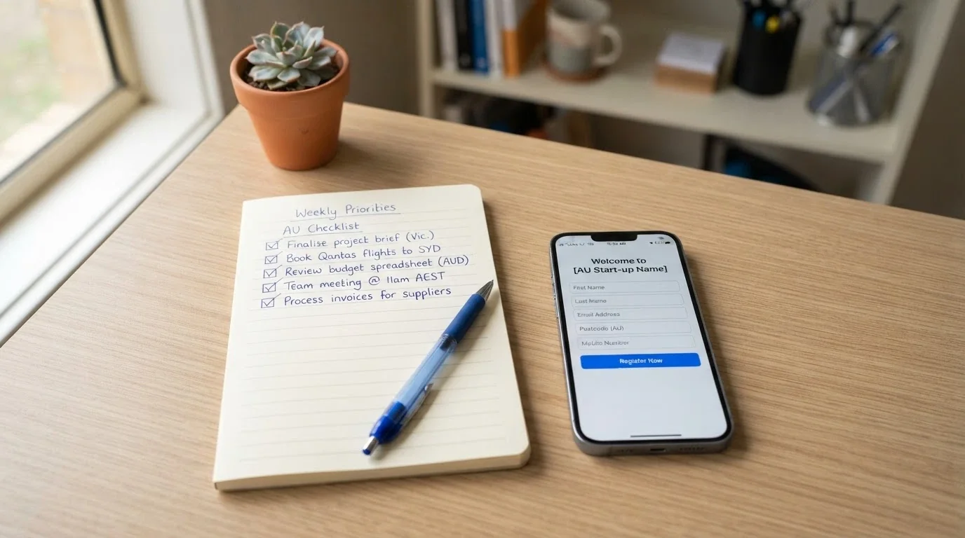 A desktop notepad listing five checks — wagering multiplier, cashout cap, validity window, licence status, deposit method — next to a smartphone showing a casino sign-up page