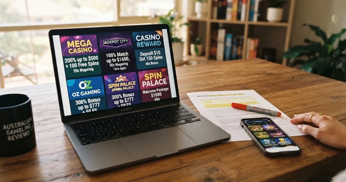 A laptop screen showing a comparison of online casino bonus offers with a document and smartphone on a desk beside it