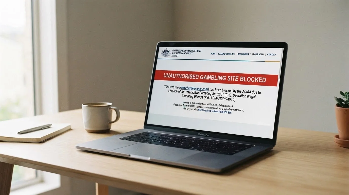 A laptop browser showing the ACMA website with a notification about an illegal gambling site being blocked