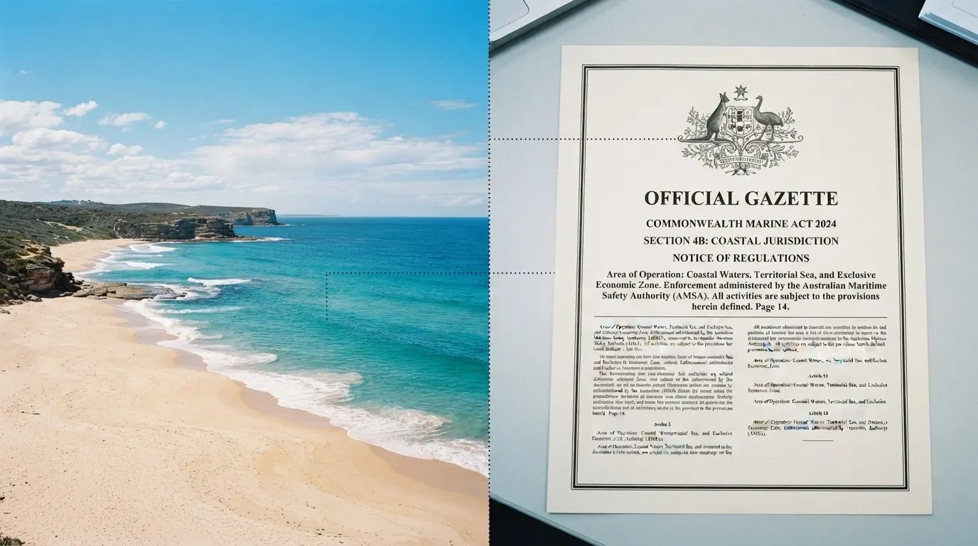 A split-frame visual: an Australian coastline on one side and a Curaçao licence certificate on the other, with casino-site thumbnails arranged between them, illustrating the offshore distance.