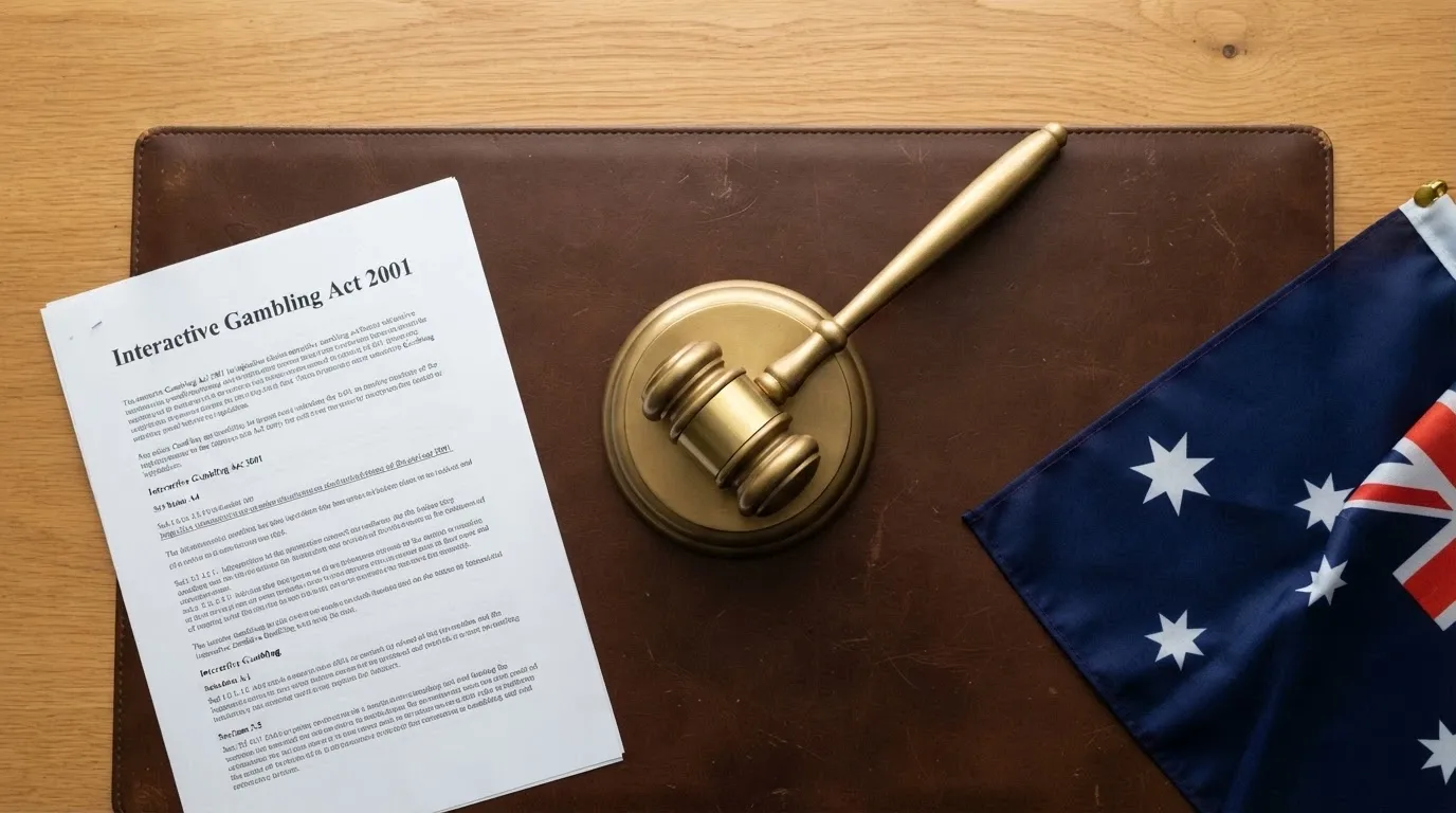 The Australian coat of arms beside a gavel on a desk, with a document titled Interactive Gambling Act 2001 visible