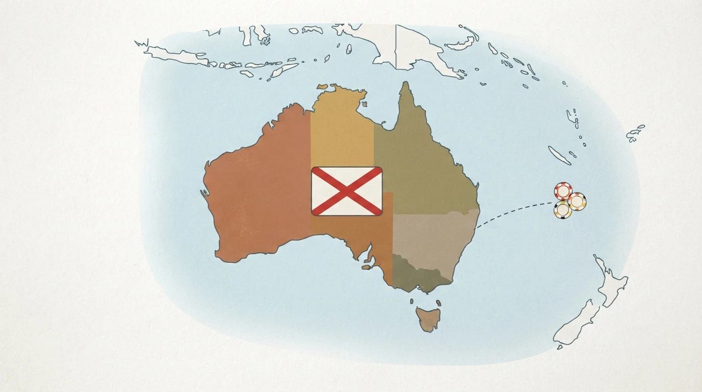 A stylised map of Australia with a dashed line extending offshore to a casino-icon cluster, and a red cross over a licence-badge shape on the Australian side