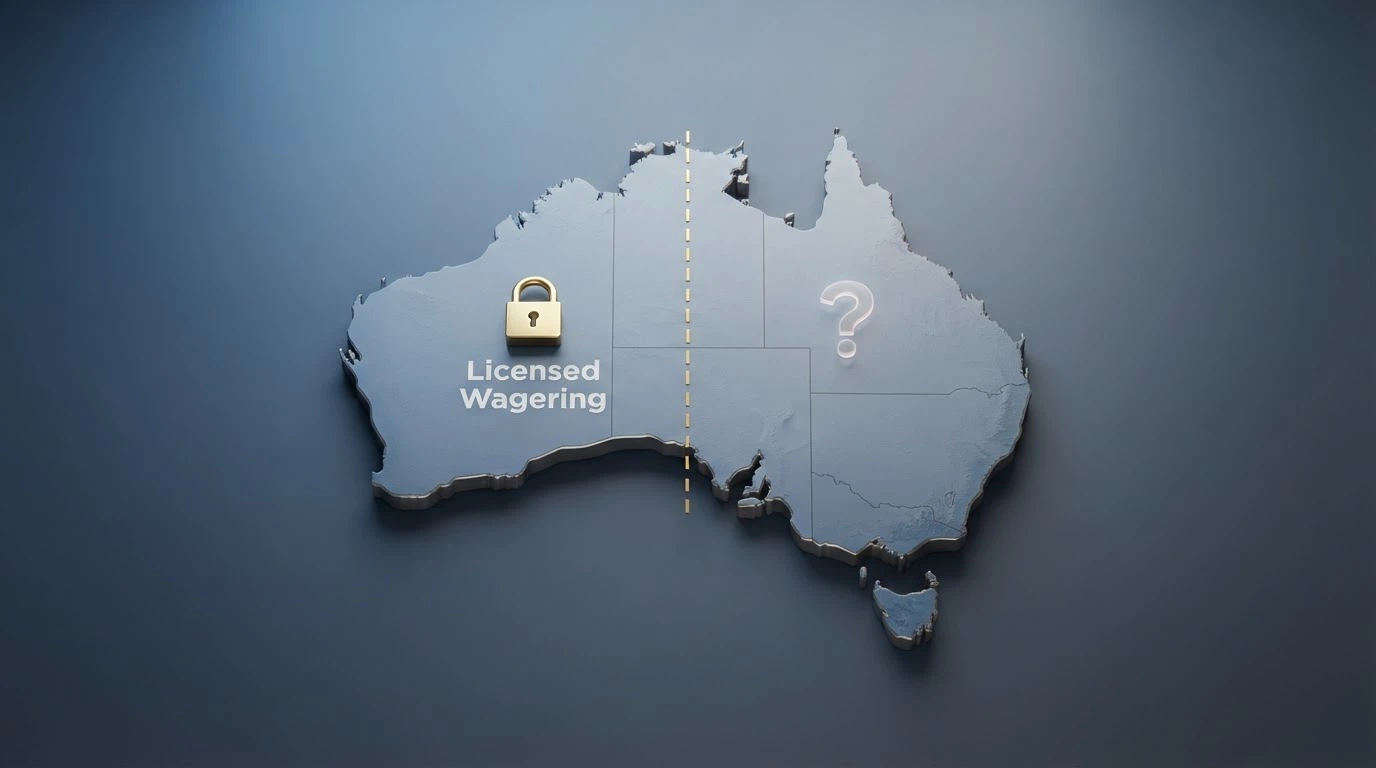 A conceptual illustration: an Australian map with a dashed line separating a padlock-marked “Licensed Wagering” zone from an unmarked “Offshore Casino” zone, a question mark over the latter