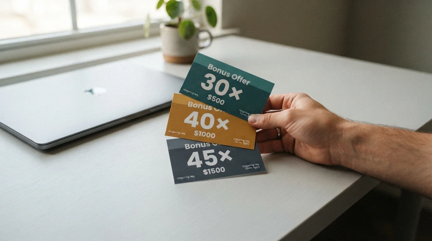 A side-by-side layout of casino bonus offer cards showing different wagering multiples, cashout caps and expiry periods