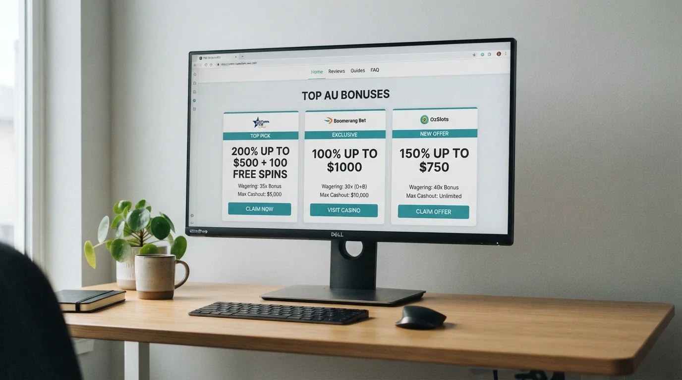 A desktop view of multiple casino bonus offer cards laid out side by side, showing different welcome-bonus amounts matched to different wagering multiples