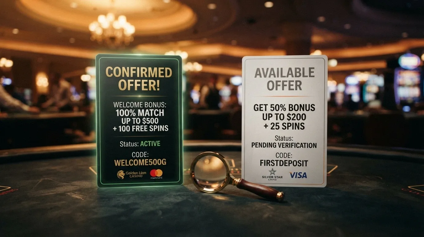 A split-screen comparing casino bonus-offer cards side by side with key terms highlighted