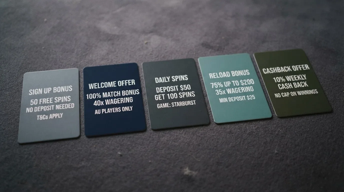 A row of casino brand cards showing free spin counts, wagering terms and licence jurisdictions