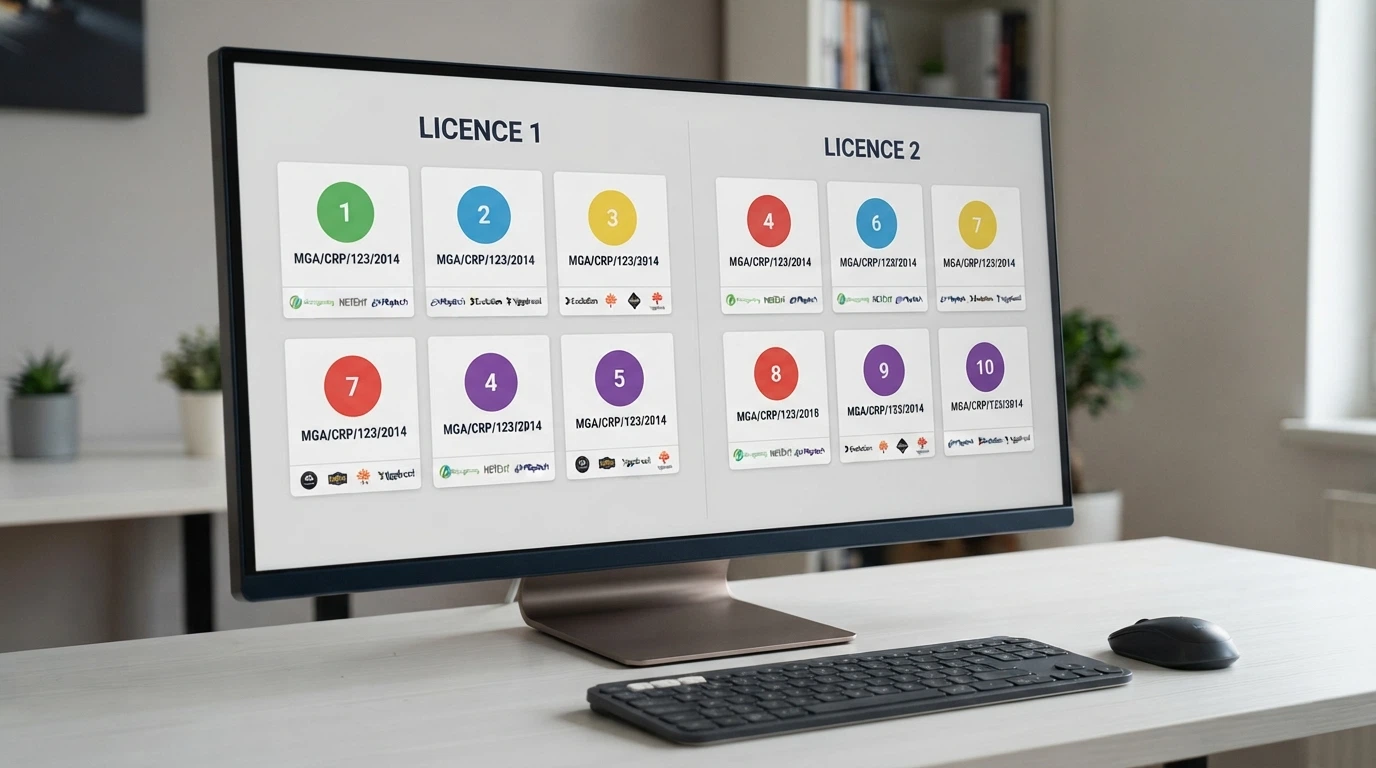 A split-screen comparison layout with operator logos arranged in a grid, each card showing a licence badge and a game-provider icon strip beneath it