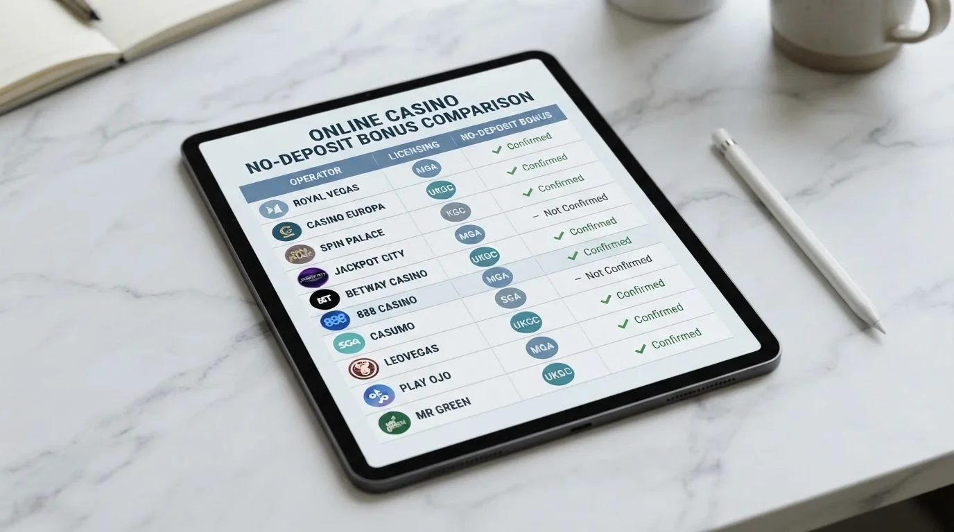 A comparison grid with operator logos, licence badges and a no-deposit-bonus column showing check marks and dashes