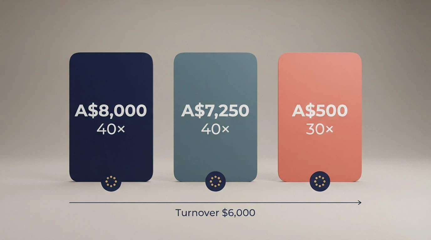 A side-by-side visual comparison of welcome-offer cards showing bonus amounts, wagering multiples and free-spin counts for the featured casinos