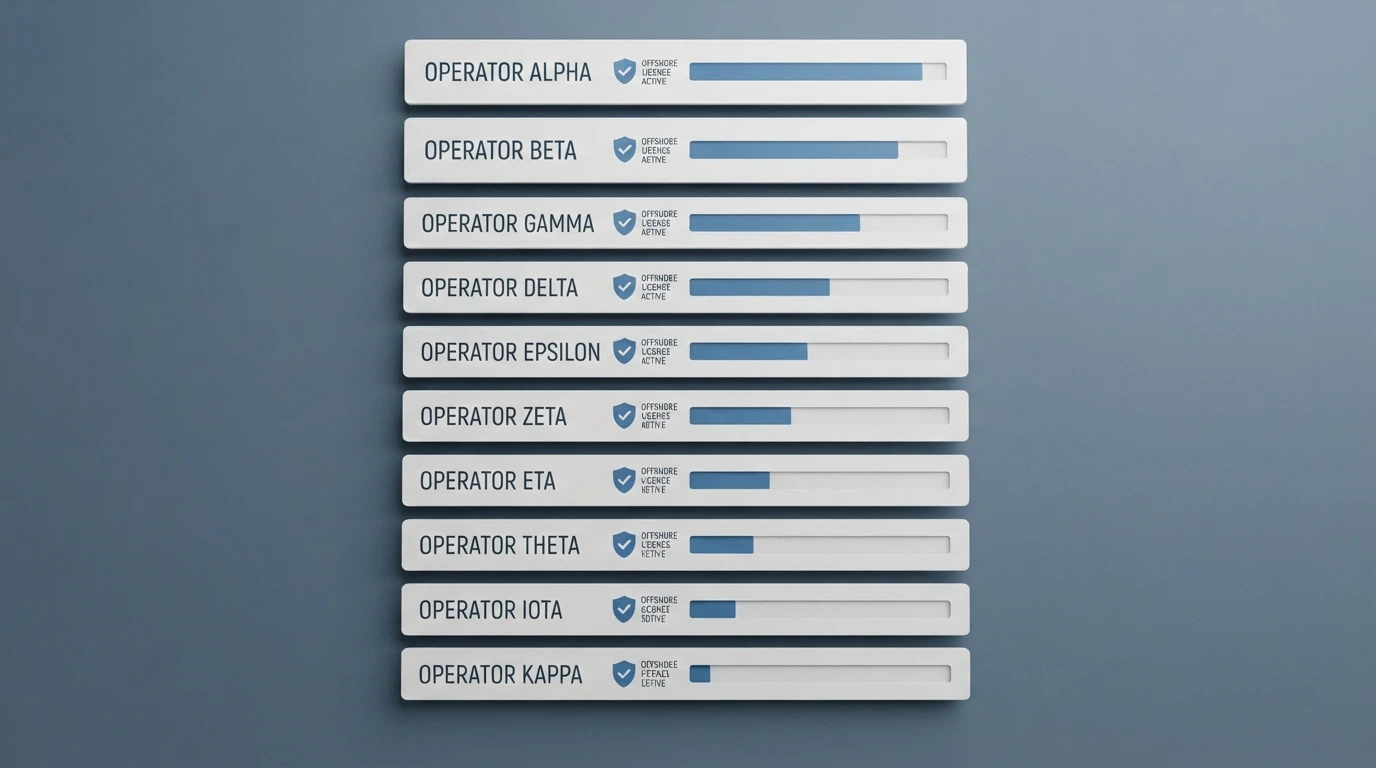 A side-by-side comparison grid listing offshore casino names against AU licence status and market-share figures