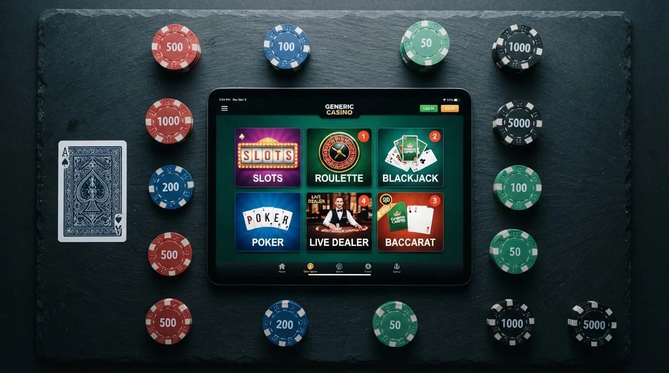 A grid of casino brand logos arranged beside an iPad, with the Curaçao licence flag visible above the group