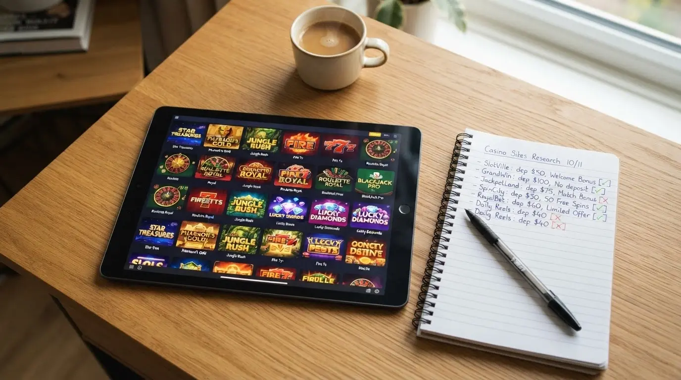 A tablet screen showing a casino comparison interface with operator cards, star ratings and Australian dollar amounts, on a desk beside a notepad with handwritten deposit figures