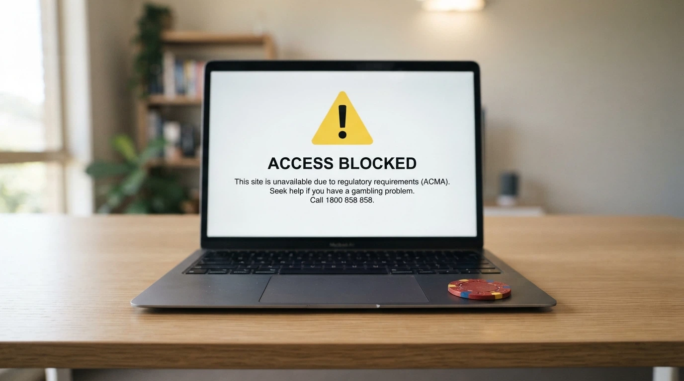 A Curaçao gaming licence certificate next to an ACMA website-blocking notice on a screen