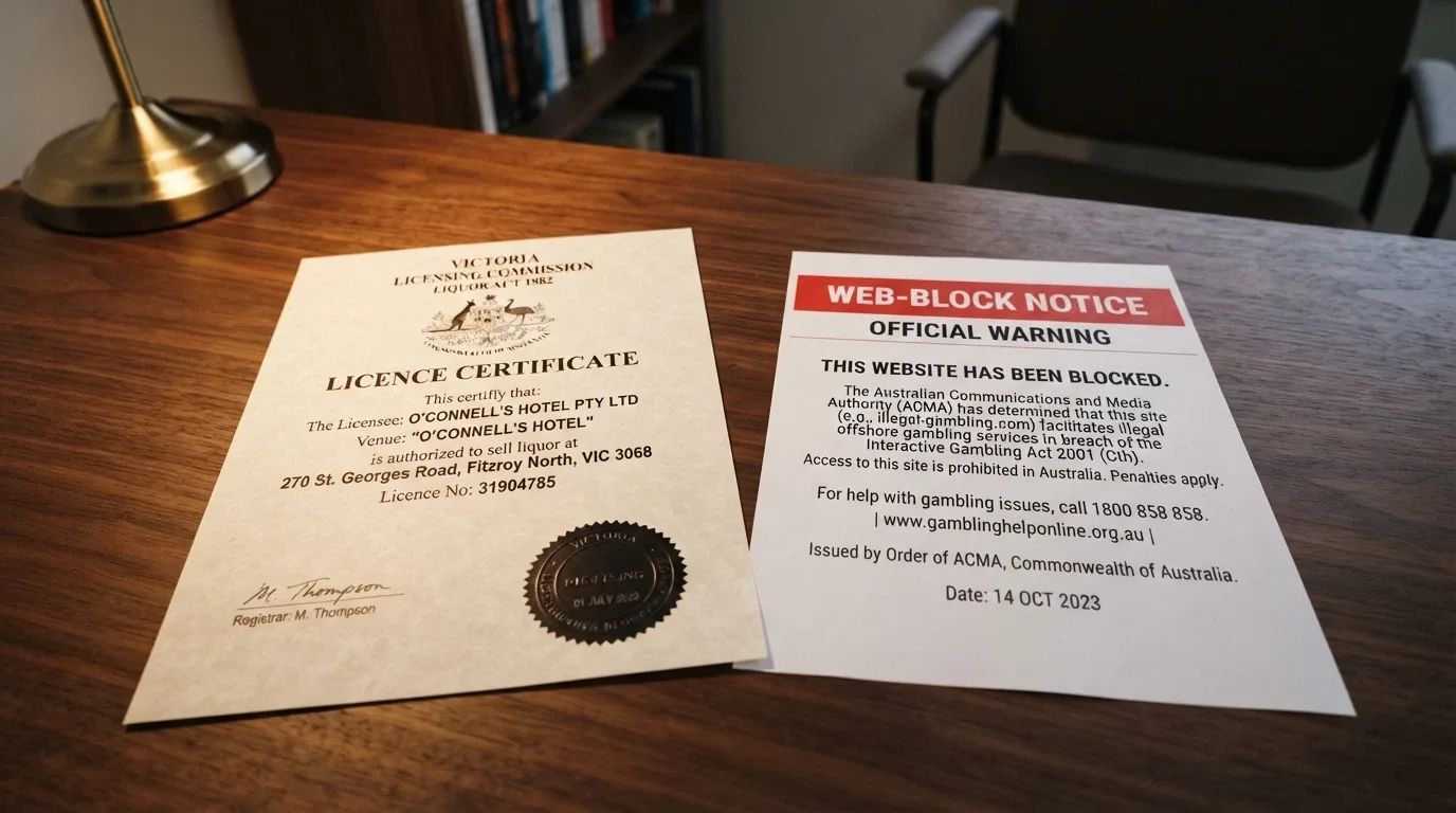 A Curaçao licence certificate beside an ACMA web-block notice, both framed by an Australian context