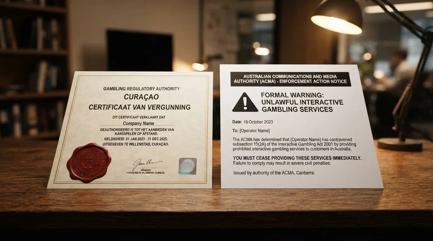 A close-up of an offshore casino licence certificate next to an ACMA warning notice about illegal gambling sites