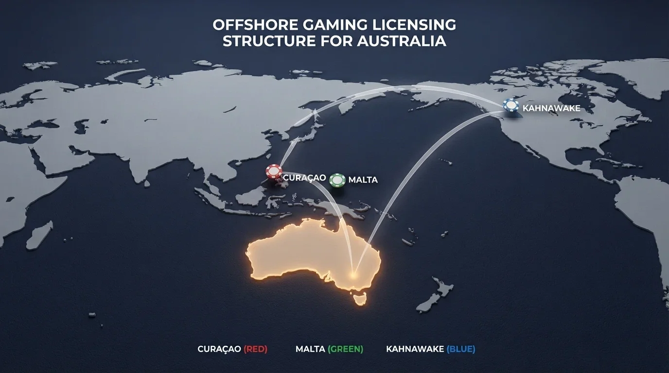 A world map with Australia highlighted and curved arrows connecting to Curaçao, Malta and Kahnawake, each marked with a casino-chip icon