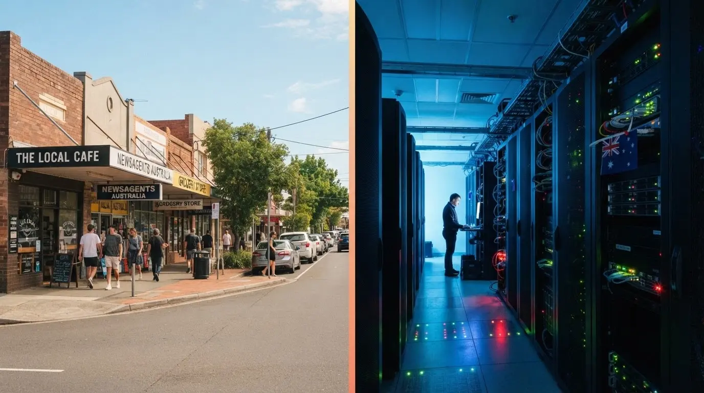 A split composition: an Australian street scene on one side and a server-room graphic with a Curaçao flag marker on the other