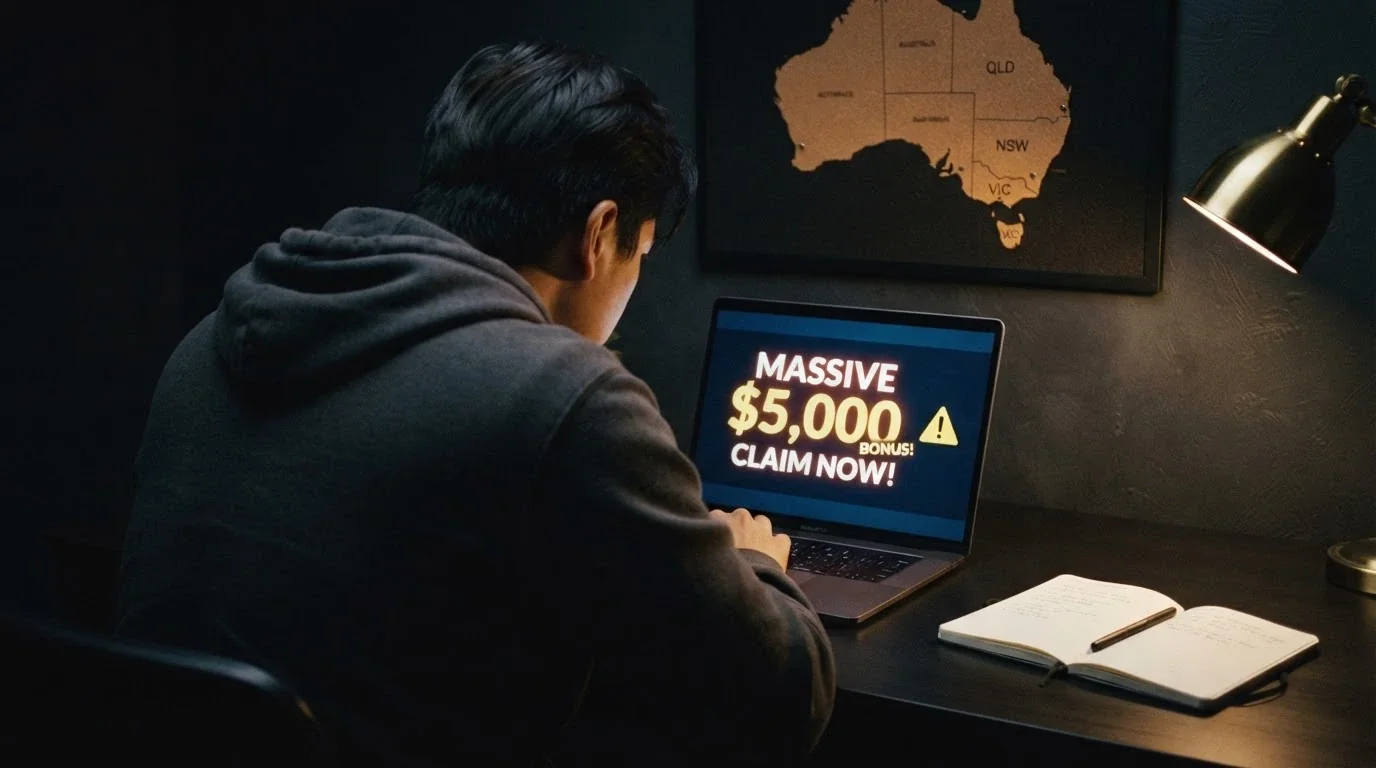 A considered player looking at a screen showing a casino bonus offer, with a warning symbol and the Australian map visible in the composition