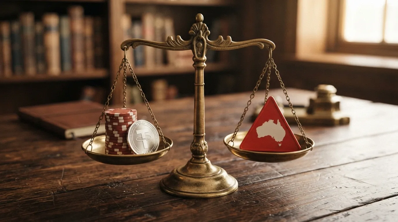 A balanced scale — USDT tokens and casino chips on one side, a red warning triangle with an Australian map outline on the other