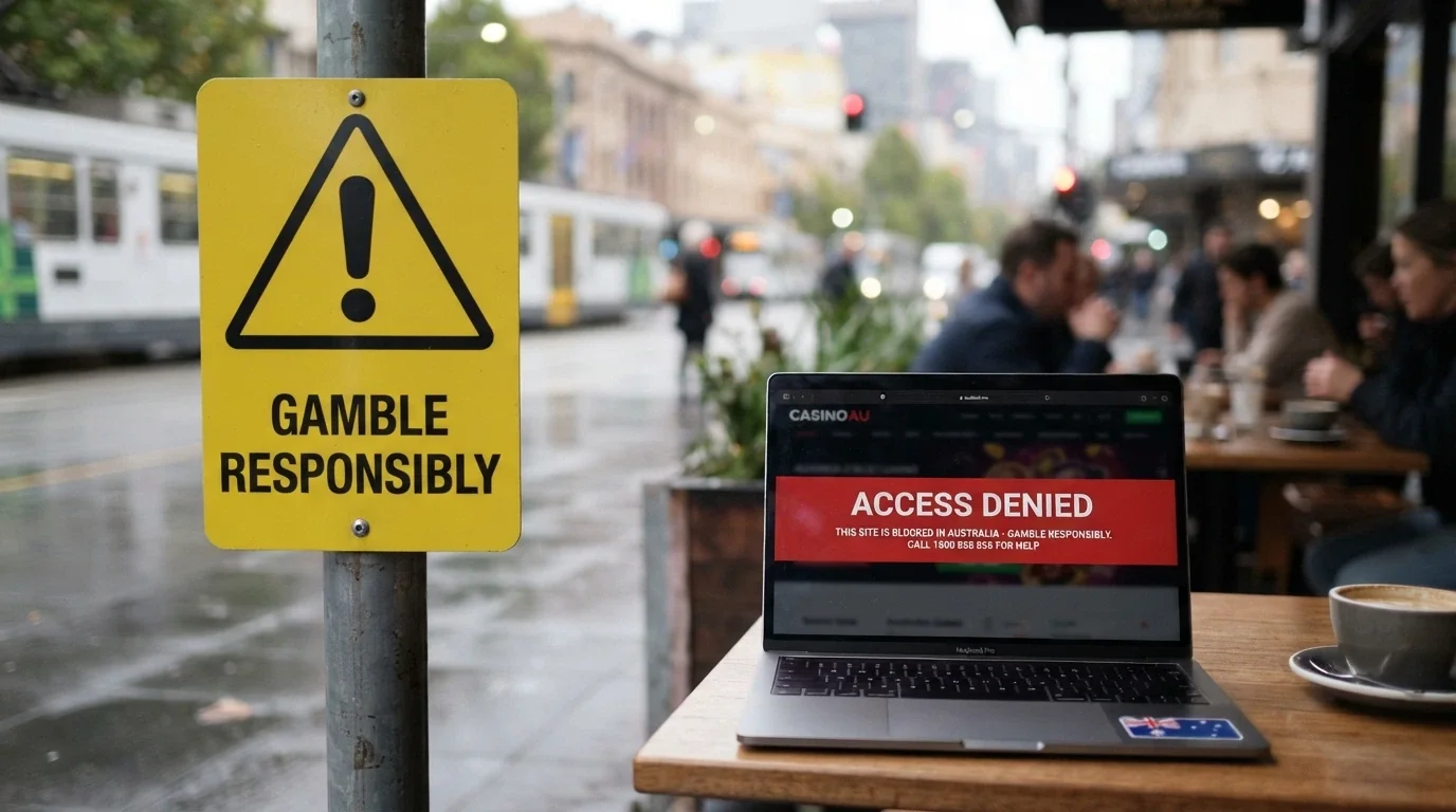 Warning sign with Australian flag beside an offshore casino website blocked overlay