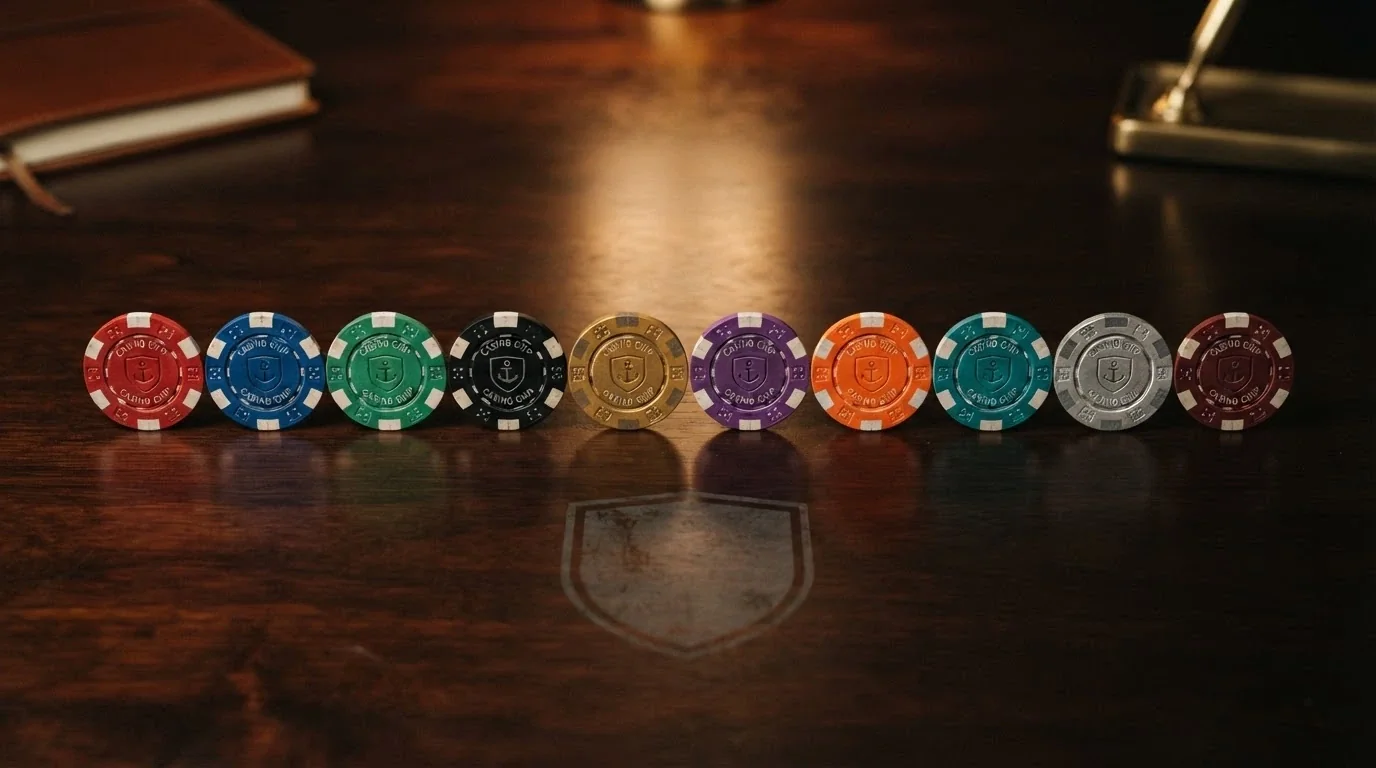 Ten casino chips lined up across a dark desk, each chip printed with a different offshore licence badge — Curacao, Anjouan — while an Australian state-territory coat of arms sits greyed out below