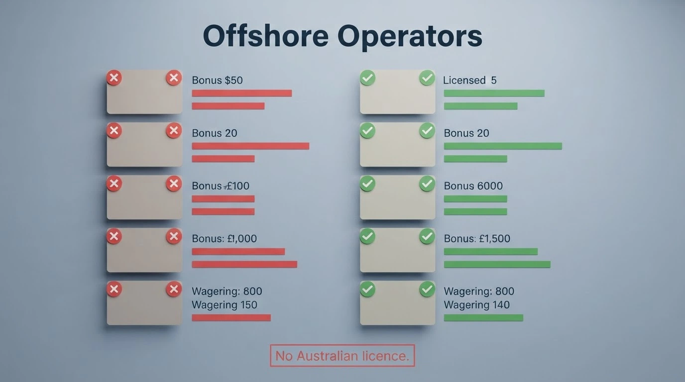 A visual summary of the comparison table — operator names alongside simplified licence, bonus and wagering columns