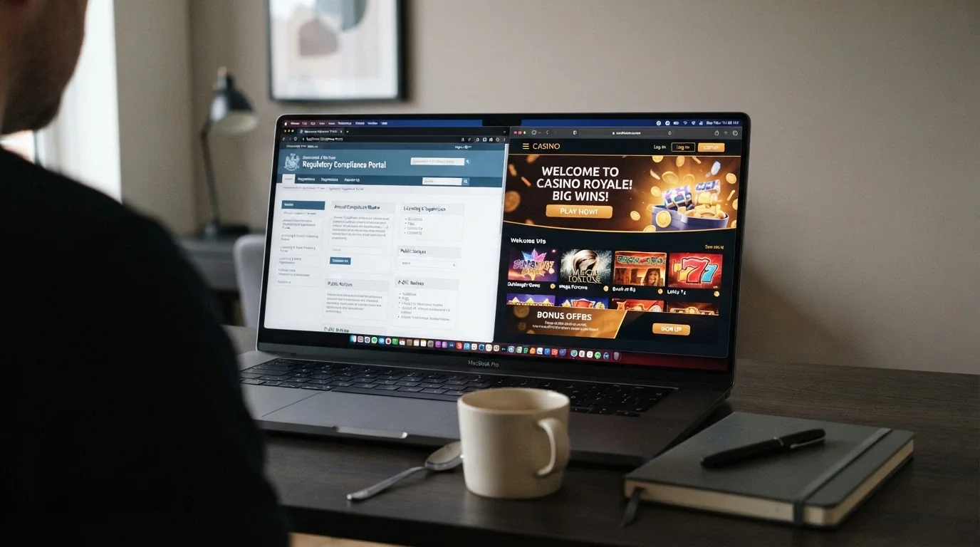 A laptop screen showing an ACMA webpage about illegal gambling services alongside a casino homepage