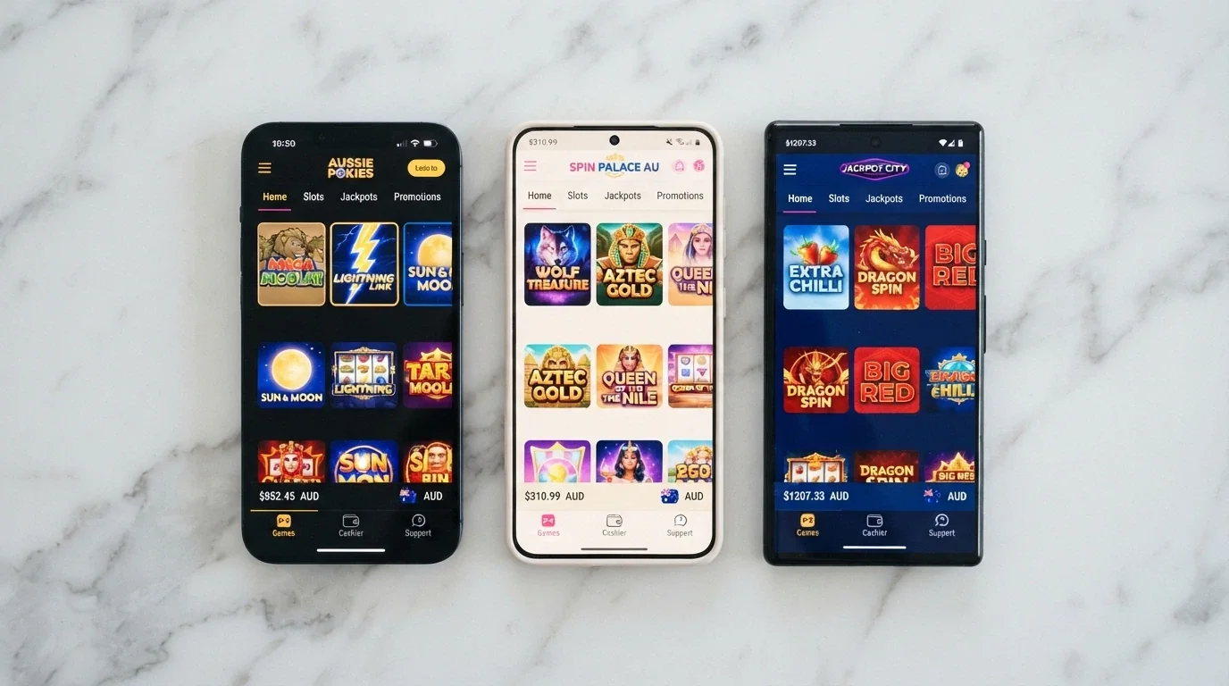 A visual comparison grid of mobile screens showing different offshore casino lobbies side by side on a smartphone