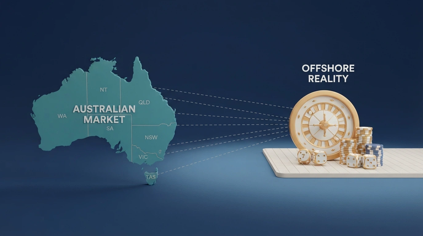 A split composition — a map of Australia on one side and a row of offshore casino logos on the other, connected by dashed lines across the ocean
