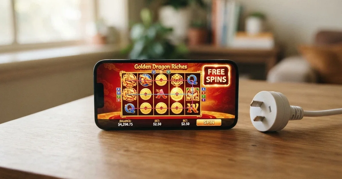 A smartphone screen showing a colourful online pokie game with a “Free Spins — No Deposit Required” promotional badge overlaid, next to an Australian power plug on a wooden desk