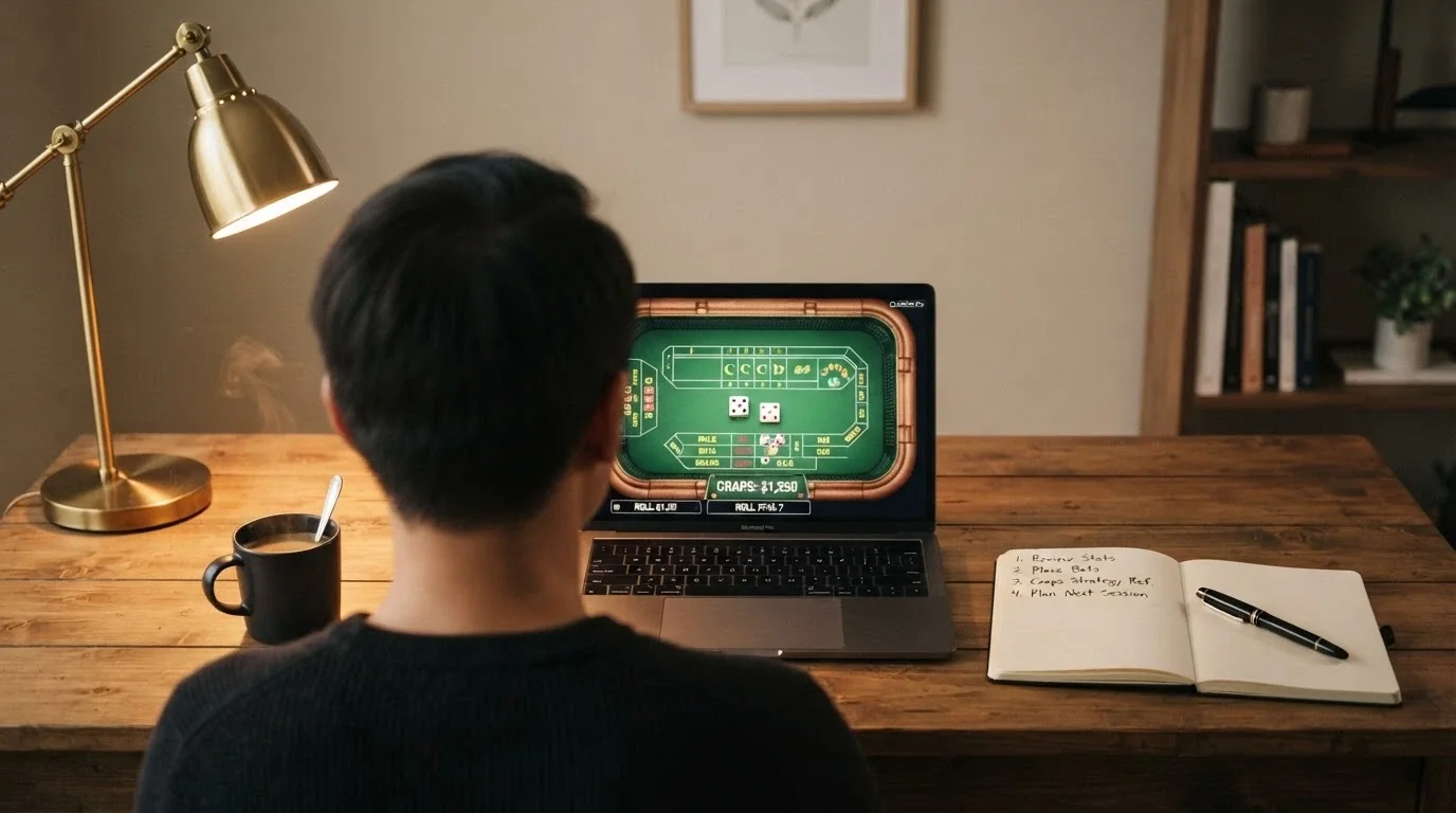 A player at a desk with a laptop showing a craps game, a notepad with a checklist beside it, and a cup of coffee — a considered, deliberate scene