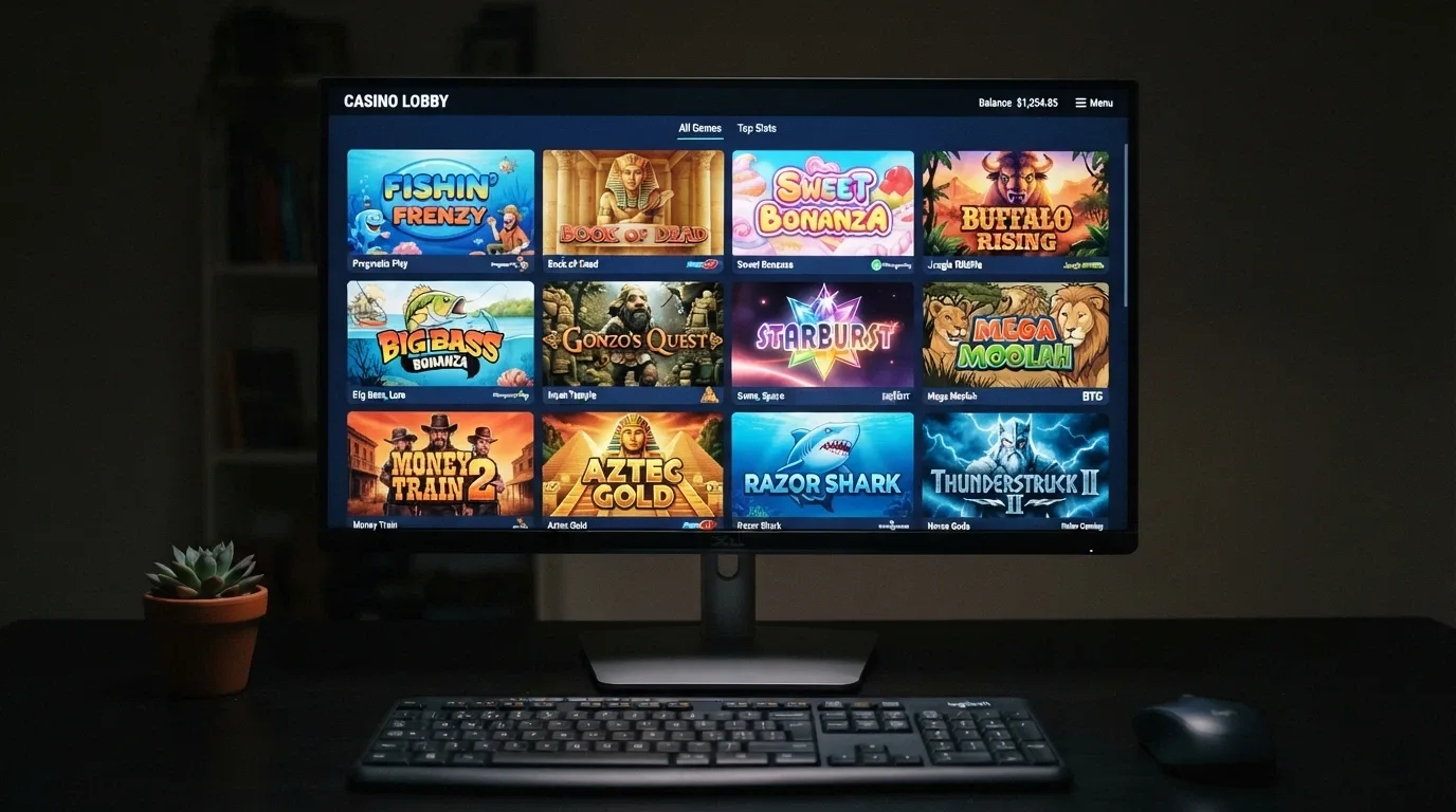 A casino game lobby showing a grid of pokies titles with provider names visible beneath each thumbnail