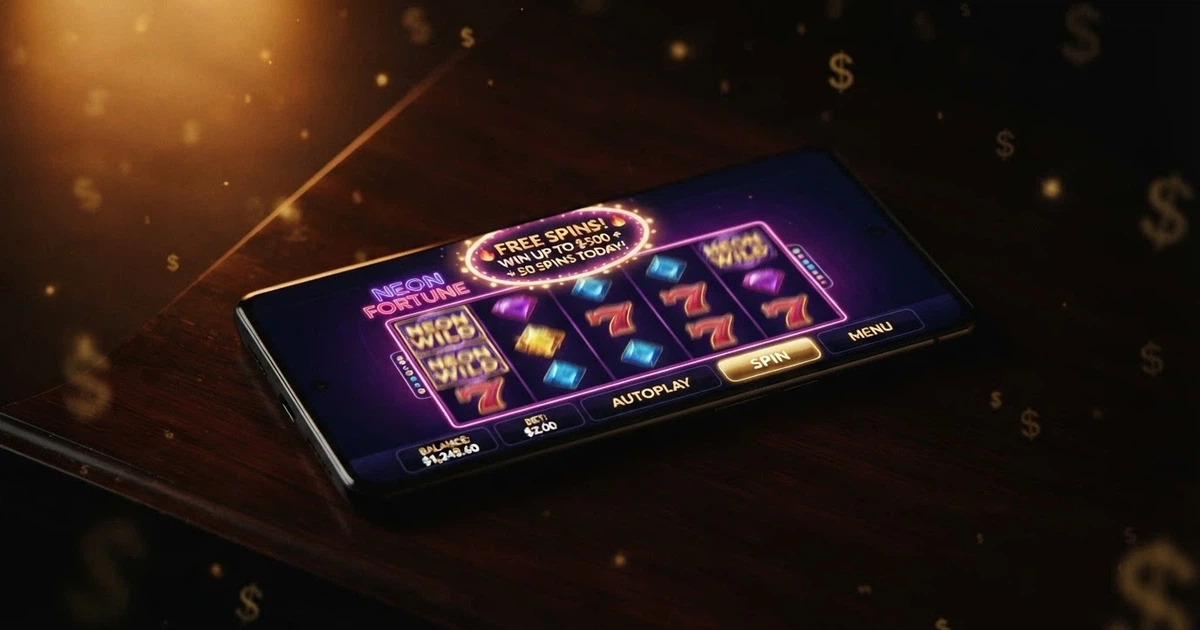 A smartphone screen showing a colourful online pokies game interface with a “No Deposit Bonus” badge overlaid, set against a dark background with Australian dollar symbols