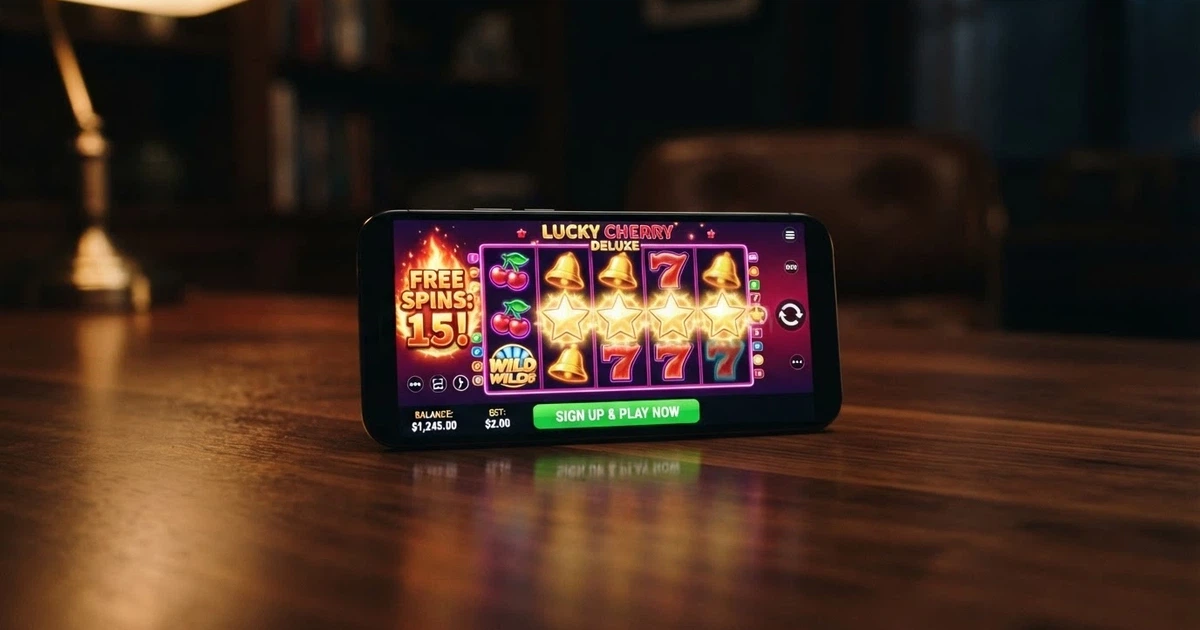 A smartphone screen displaying a colourful online pokies game with free-spin symbols lit and a sign-up button visible, set against a dark background