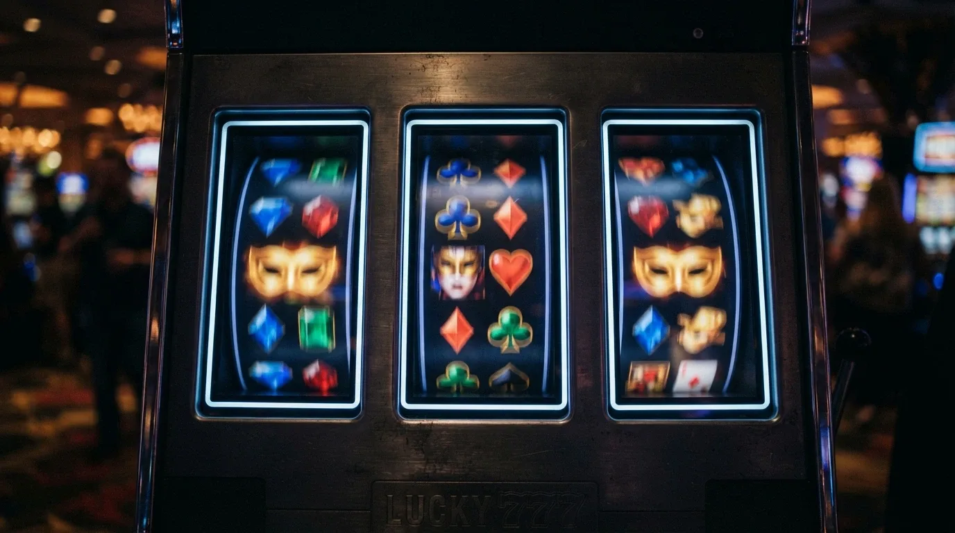 A close-up of three slot-reel windows showing different symbols mid-spin, on a dark casino-themed background