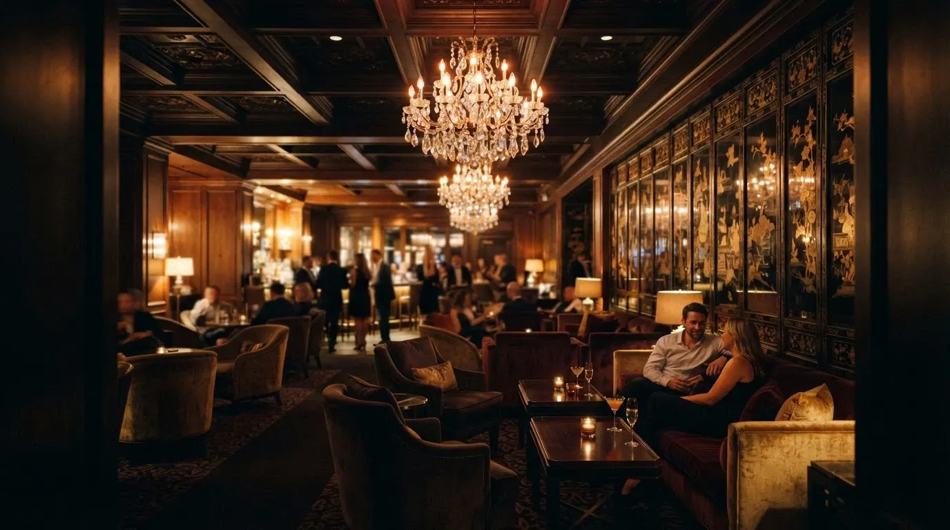 The Onyx Lounge interior — glittering chandeliers, intricate gold screens and lounge seating accommodating 20 to 65 guests