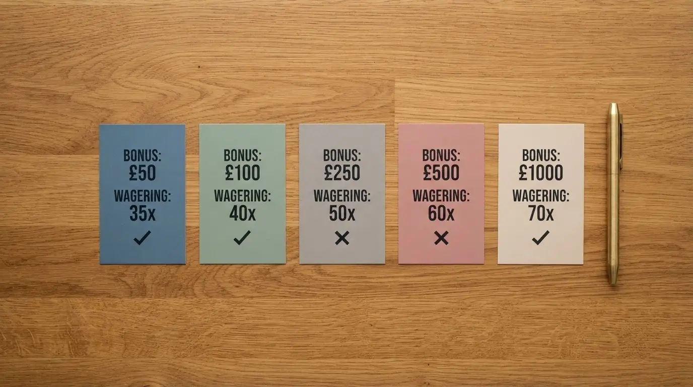 A side-by-side visual of casino-brand cards showing bonus amounts, wagering multiples and no-deposit flags, arranged for quick comparison