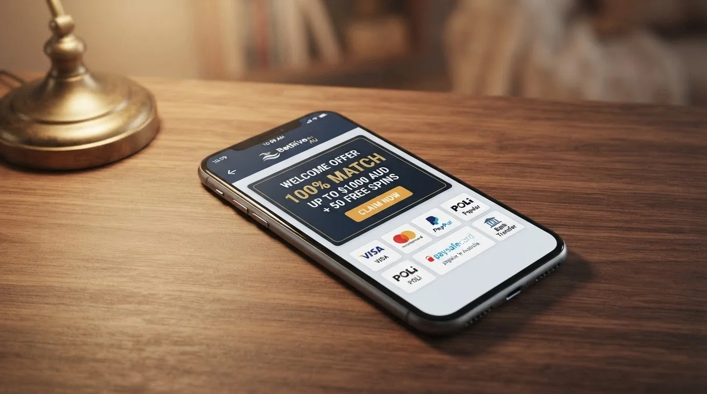 A smartphone displaying a casino cashier screen with a welcome-bonus claim button and deposit options listed