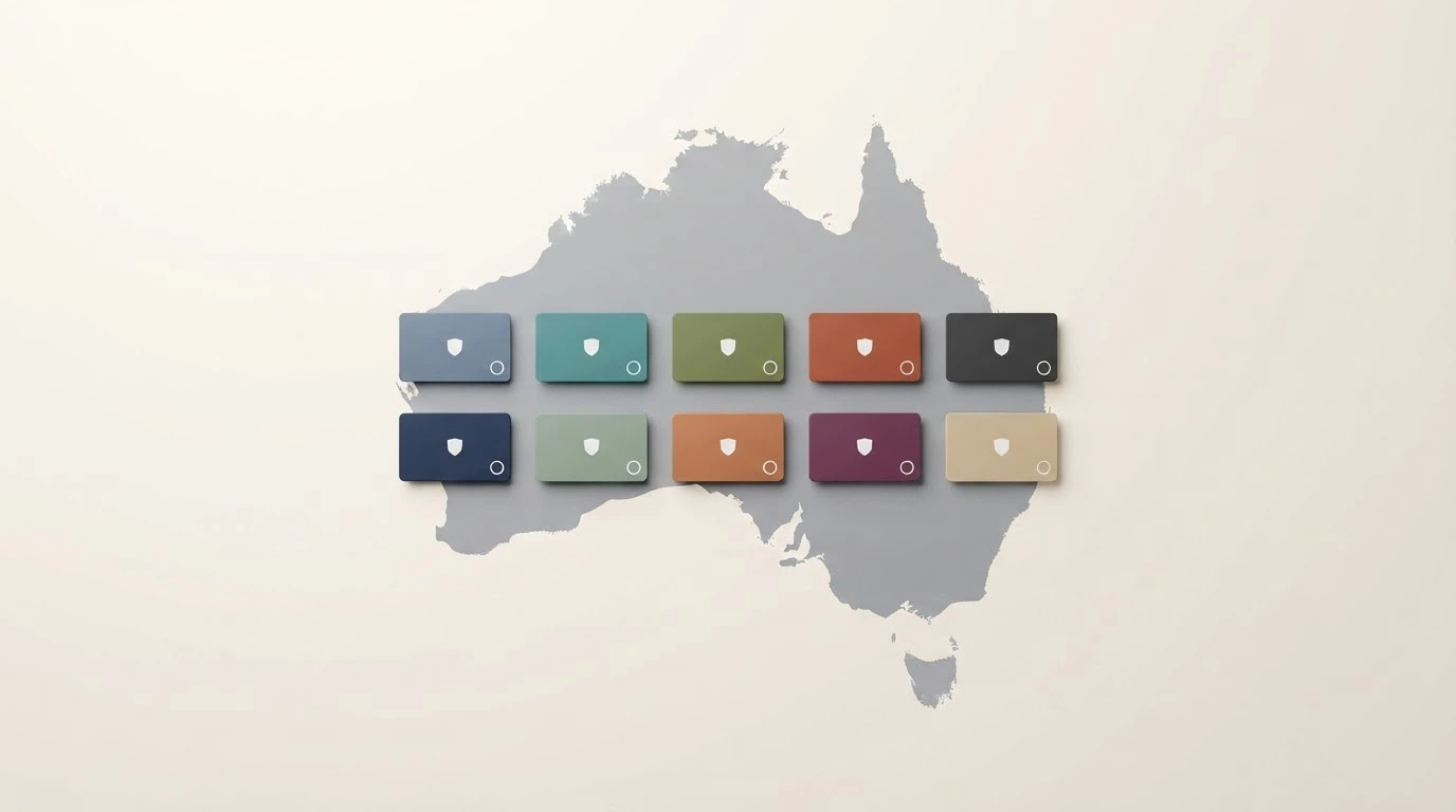 A grid of ten casino-branded tiles arranged across a map of Australia, each tile showing a licence badge and a bonus icon