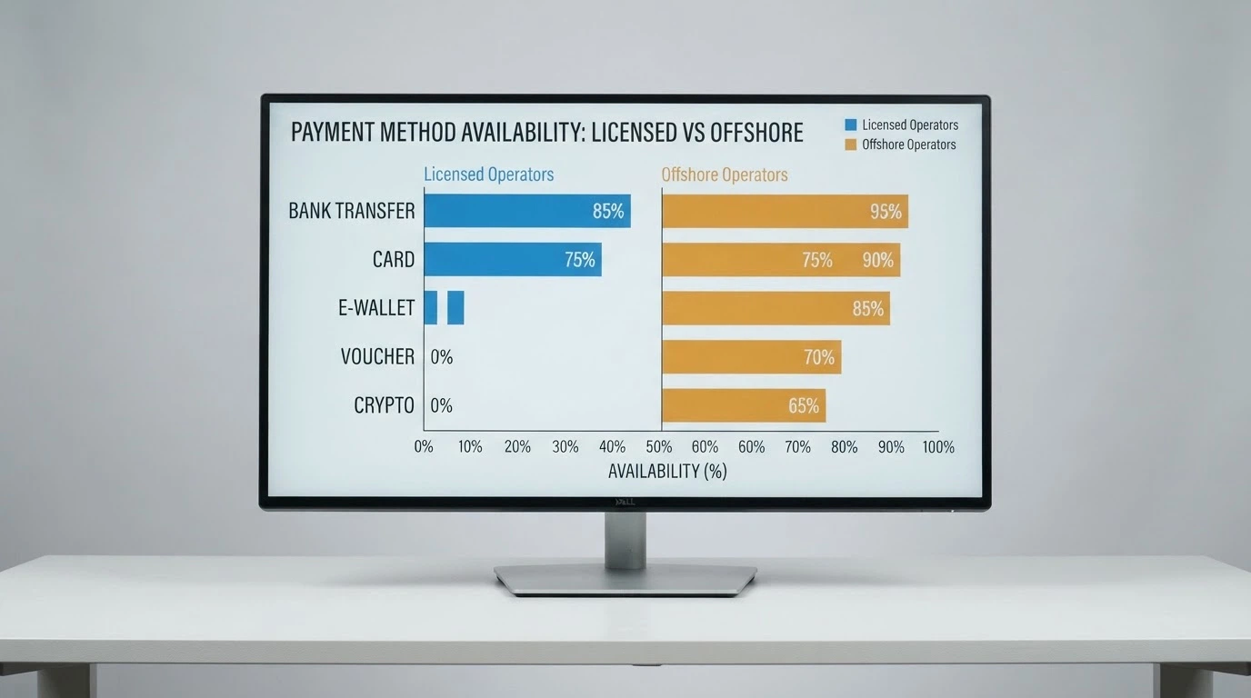 A dashboard-style grid or bar chart comparing payment method availability across ten operator icons, split into licensed and offshore columns