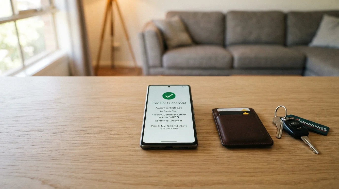 A smartphone banking app screen showing a PayID transfer confirmation with a near-instant timestamp