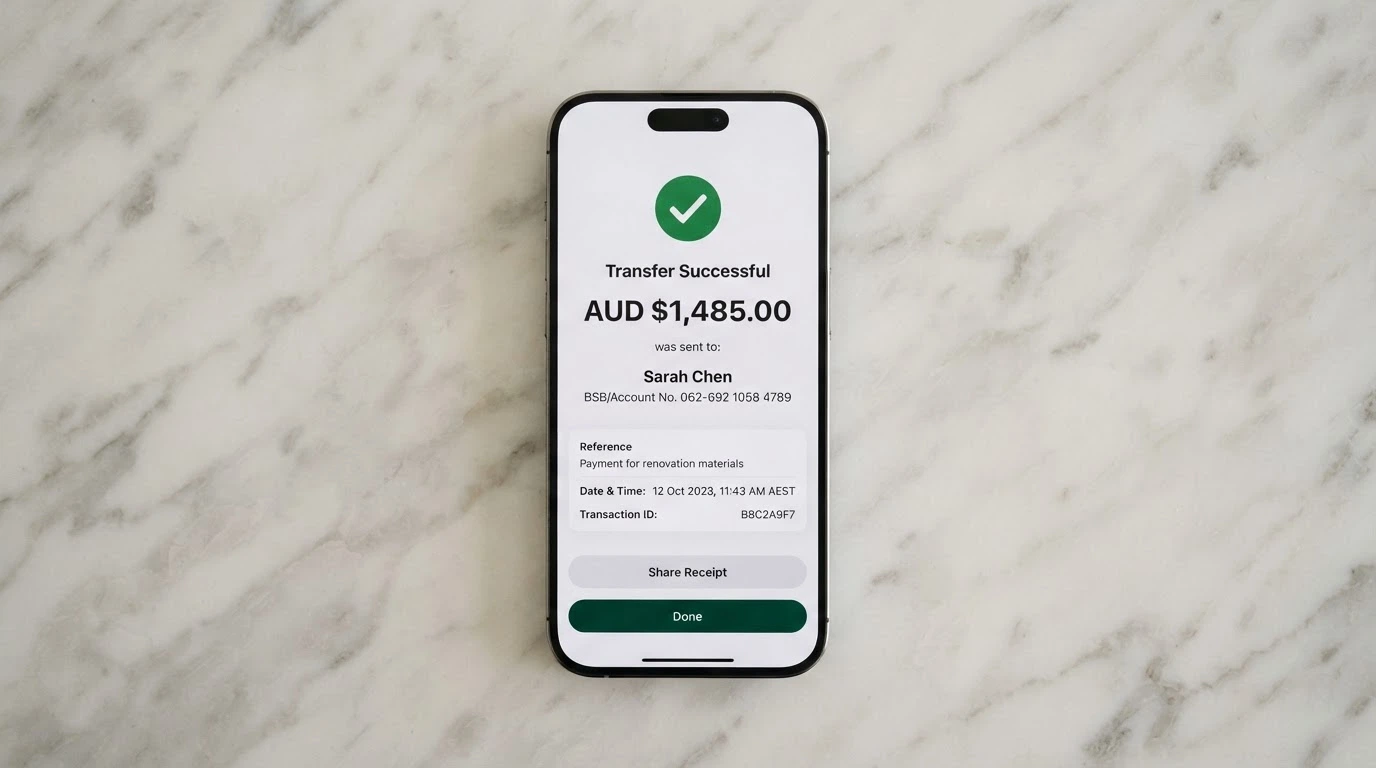 A smartphone banking app showing a PayID transfer confirmation with the amount and timestamp visible