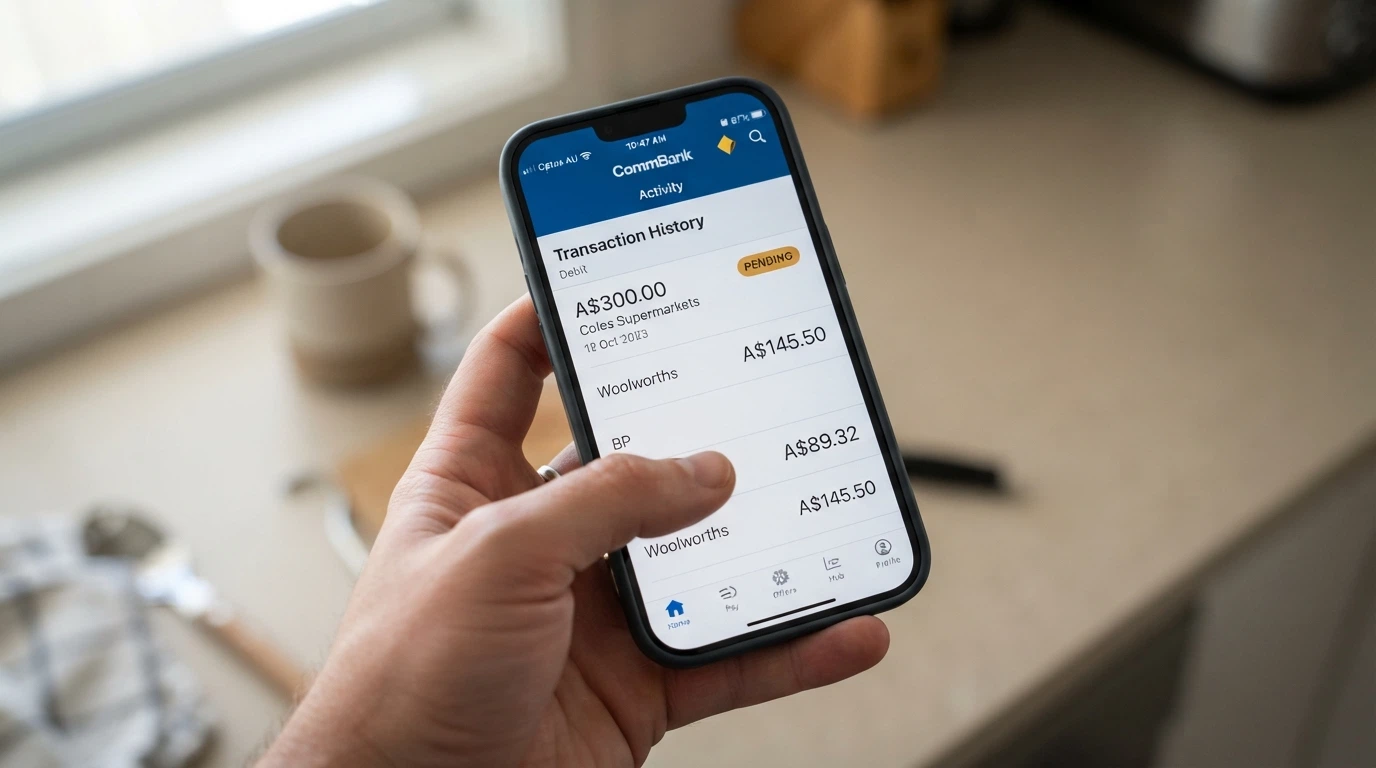 A banking-app screen showing a PayID transaction to a casino merchant name, with a pending-withdrawal status indicator