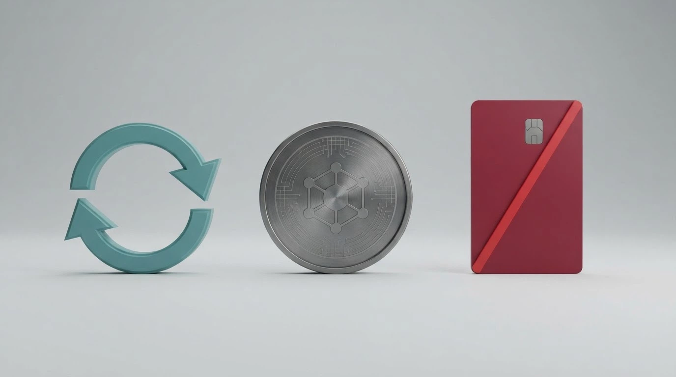 Three payment icons side by side — PayID, a Bitcoin symbol, and a credit card crossed out in red — arranged above an Australian bank app interface