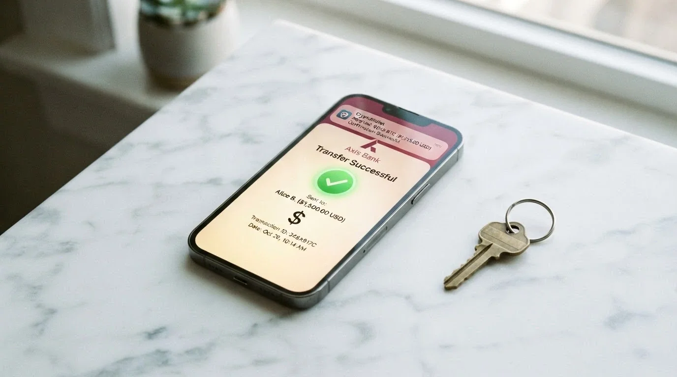 A smartphone showing a banking-app PayID transfer screen beside a crypto-wallet confirmation notification